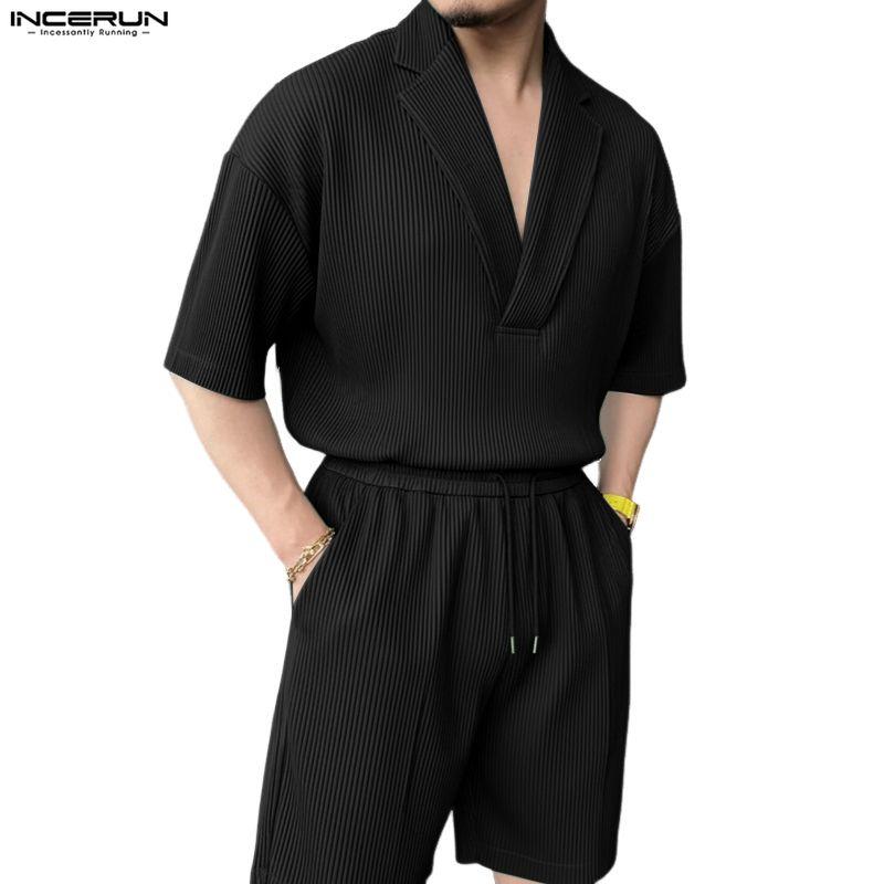 INCERUN Summer Two Pieces Men V Neck Texture Short Sleeve Tops and Shorts Clothing Sets