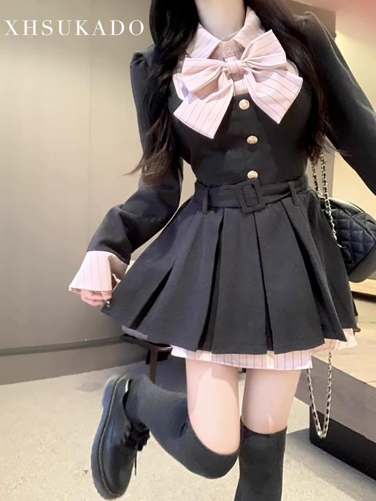 XHSUKADO Long Detachable Cute Striped Faux High Girly Student Size M Women's Korean-style Dress, Sleeves, Belt, Ribbon, Pattern, Pleated, Layered,