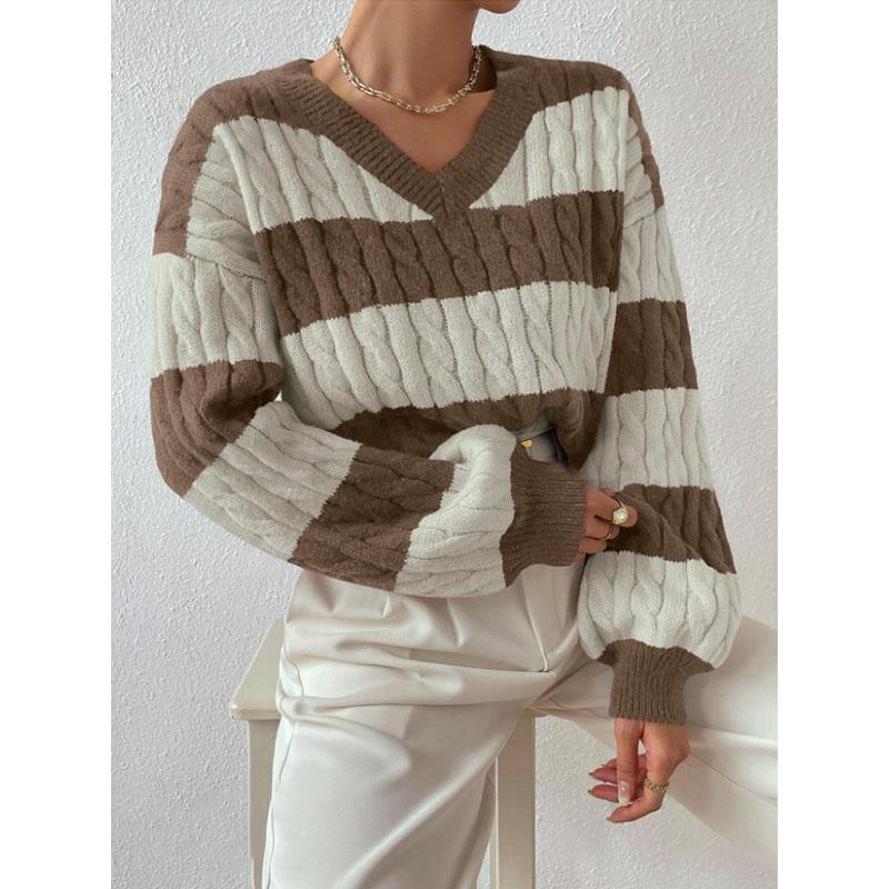 Women's Autumn and Winter V-neck Twisted Flower Pullover Sweater for Women's Clothing