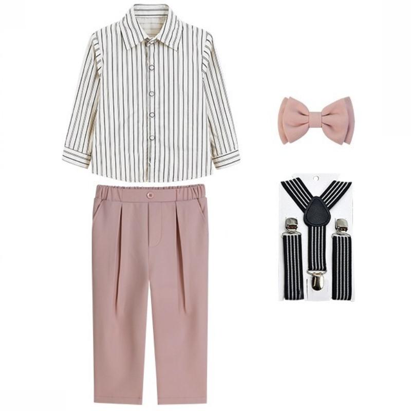 Toddler Boys Suspenders Pants Set Striped Button Down Shirt and Bow Tie Kids Formal Party Outfit Cute Wedding Guest Costume for 1-12Y