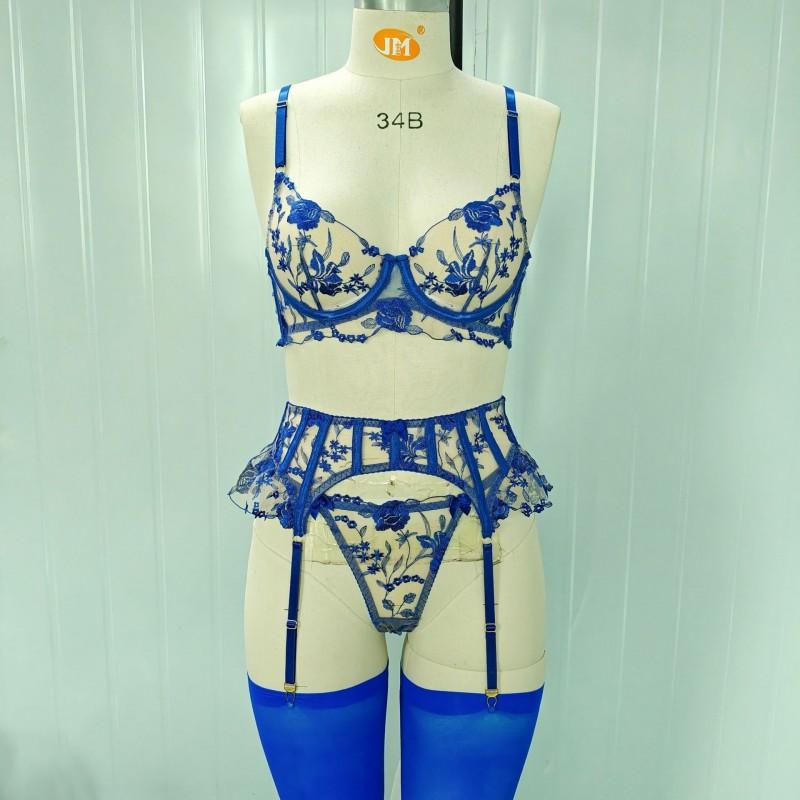 Lace Floral Embroidered Mesh Sheer Garter Belt Stockings Set With Bow Women Sexy Lingerie