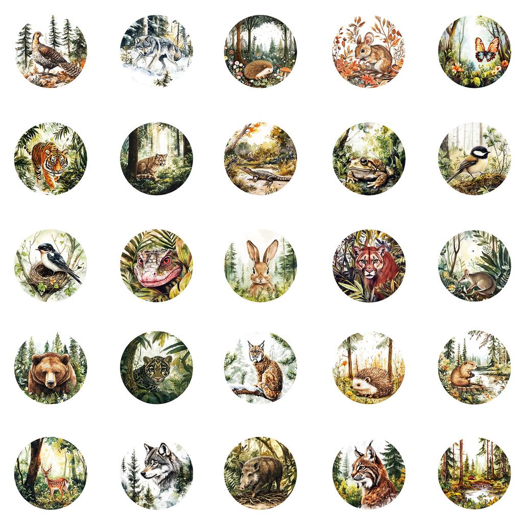 50 Round Vintage Style Watercolor Animal Graffiti Stickers Tiger Fox Rabbit Non-Repeating Stickers