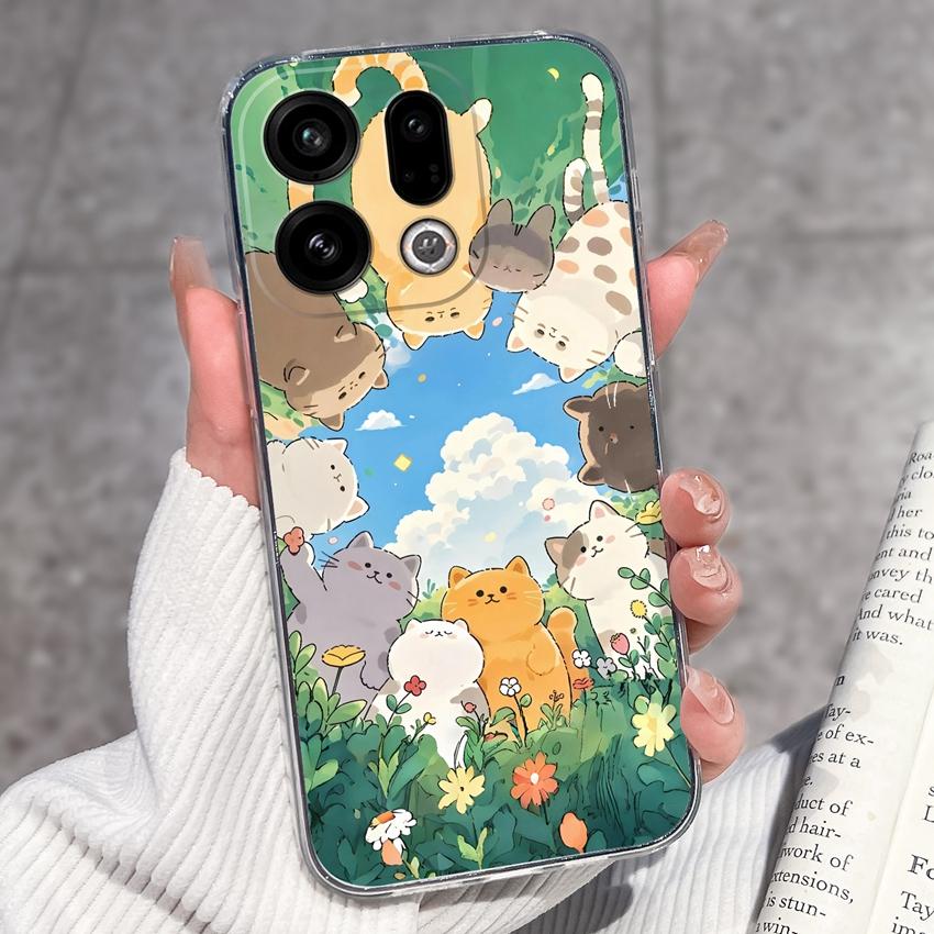 For Oppo Find X9 X8 X7 X5 Pro X2 Lite Reno8 Pro Pro+ Phone Case Black Cat Wine Glass Patterns Transparent TPU Protection Covers For Oppo Bumper Casing