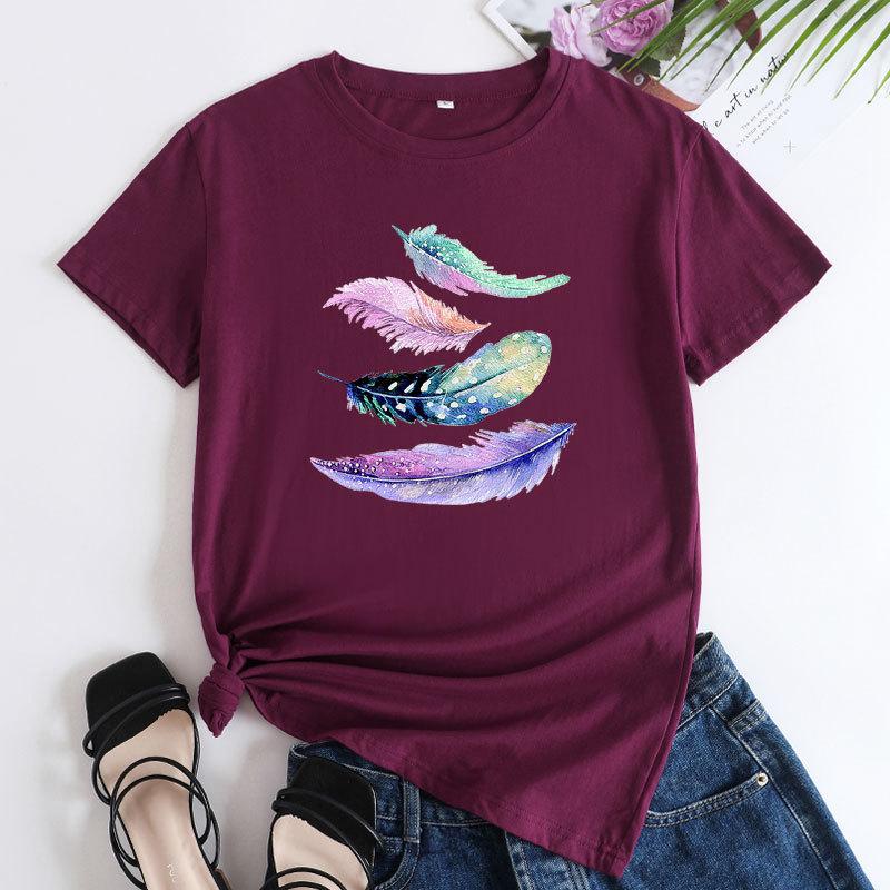 Summer Round Neck Colorful Feather Print Top Fashionable Casual Cute Short Sleeved Women's Pure Cotton T-shirts