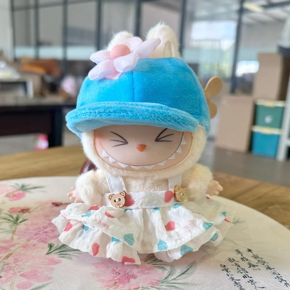 17cm Labubu Doll Outfit with Pleated Skirt Flower Hairpin and Baseball Cap Hat Set Labubu Clothing Accessories