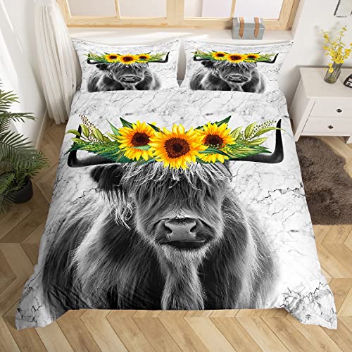 Highland Cattle Duvet Cover Set Flower Pattern Farm Animals Polyester Comforter Cover King Queen Size For Adult Men Bedding Set