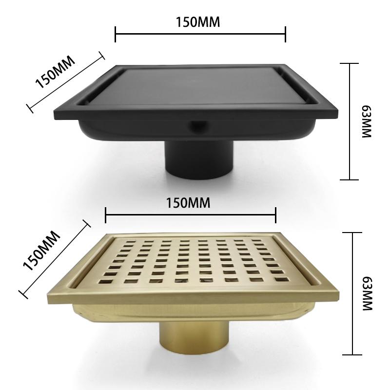 Black SUS304 Stainless Steel Shower Drain Bathroom Floor Drain Tile Insert Square Anti-odor Floor Waste Grates 15CM Brushed Gold