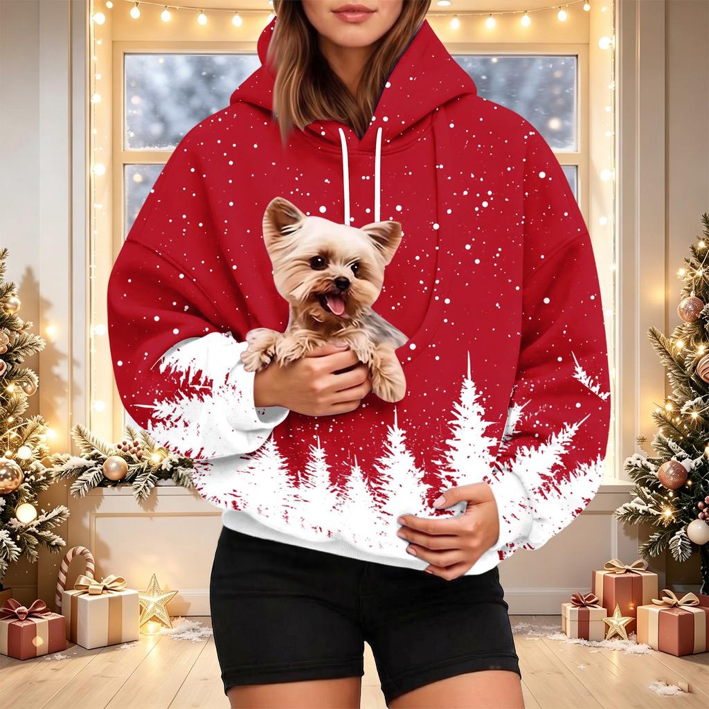 Women's Christmas Print Pet Pocket Hoodie, Fashion Hooded Sweatshirt for Holiday