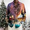 Men Button‑up Long Sleeve Shirt Festive Christmas‑snow‑village Art Motif Turn‑down Collar Year‑end Theme‑party Gathering Outfit