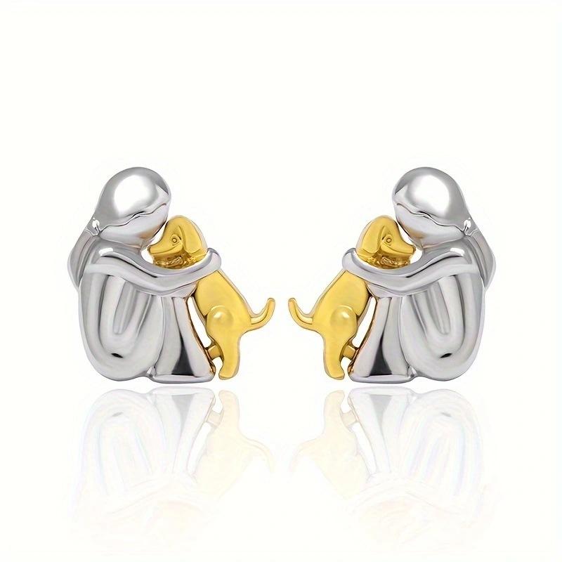 Two-Tone Girl and Puppy Earring Necklace Set Cute Animal Pet Pendant Jewelry