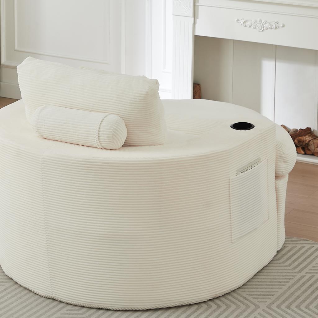 Extra Large, Round Lounge Sofa, Frameless Armchair (with Footstool), with Storage Compartment and Cup Holder, Double-Layer Upholstery Design