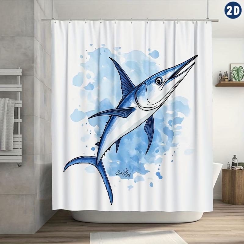 

Blue Marlin Cartoon Shower Curtain , Durable Polyester, Machine Washable With Hooks W60H190(CM)-1 Pcs