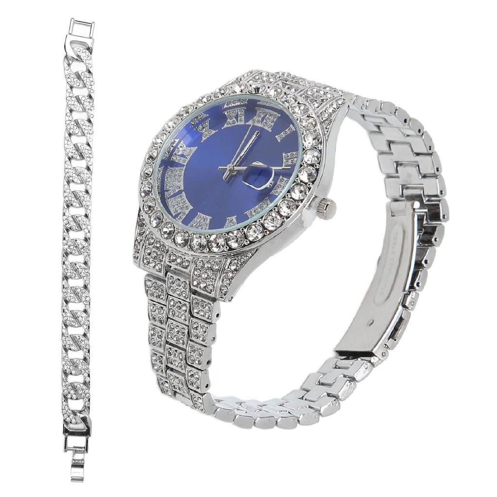 Silver Watch Large Blue Watch Dial Quartz Shiny Watch With Silver Bracelet Calendar
