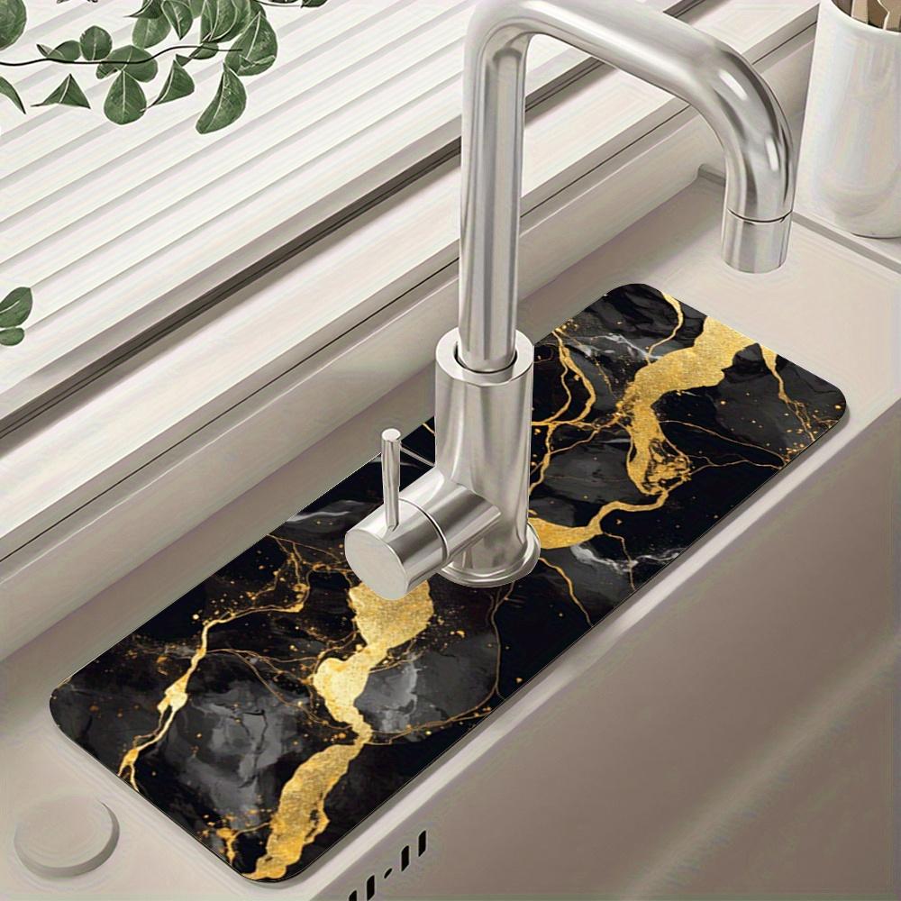 1 Pezzo Tappetino Assorbente per Lavello Faucet, Tappetino Drenante, Lavello Cucina Bagno, Tappetino Drenante per Piano di Lavoro, Modello Marmo Nero Dorato