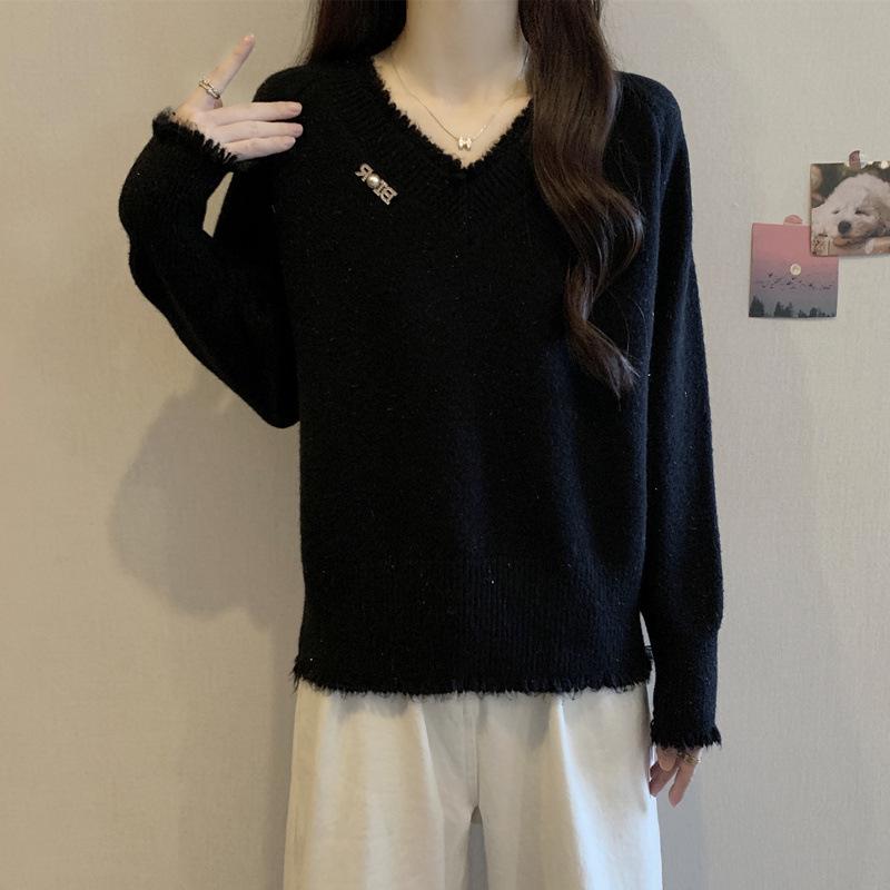 

Autumn & Winter Plus Size V-Neck Sweater: Slim Fit, Loose Fringe Design for Women 4XL абрикосовый