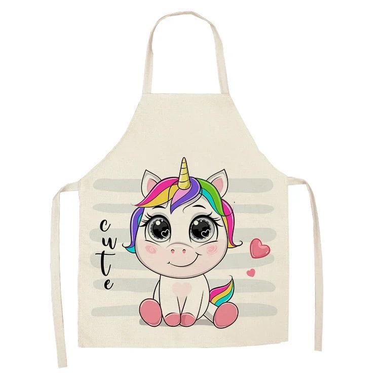 1Pcs Kitchen Apron Cartoon Unicorn Music Printed Cotton Linen Aprons for Women Men Cooking Accessories Delantal Cocina Mujer
