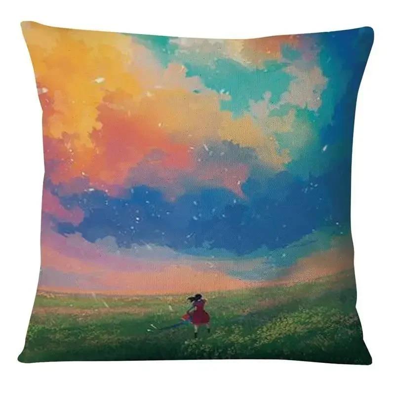 Japanese Style Cartoon Painting Pillowcase Little Girl Sky Print Pillowcase Bedroom Home Decoration Sofa Cushion Cover