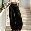 Pleated Palazzo Pants Women Wide Leg Casual Pants, Elastic Waist Solid Color Loose Breathable Trousers, Spring Fall with Pockets Lightweight