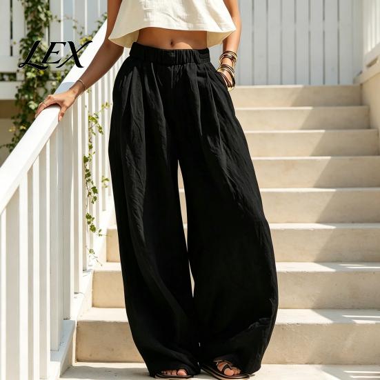 Pleated Palazzo Pants Women Wide Leg Casual Pants, Elastic Waist Solid Color Loose Breathable Trousers, Spring Fall with Pockets Lightweight