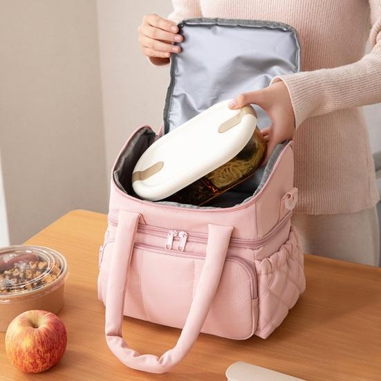 Elegant Lunch Organizer for Ladies Quilted Double Layer Insulated Bag, Lightweight Leakproof Thermal Box, Shoulder Bag Portable Large Capacity