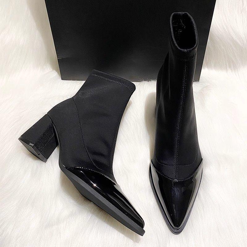 

Женские эластичные ботильоны на высоком каблуке - Осень/Зима 2025, с острым носком, для весны/осени, облегающего дизайна. 43 чёрный