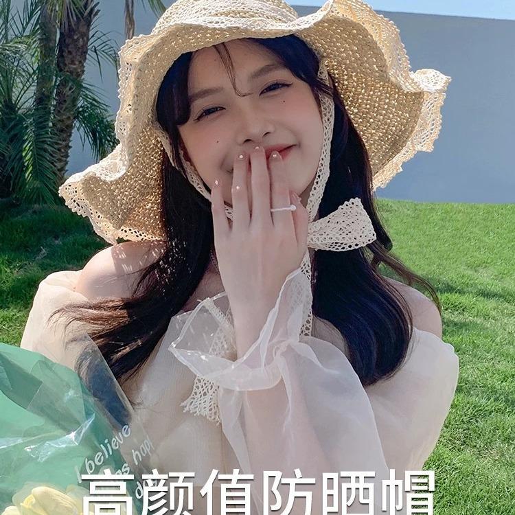 Straw hat woman, breathable lace lace lace-up, hollow straw hat, sunscreen lace edge