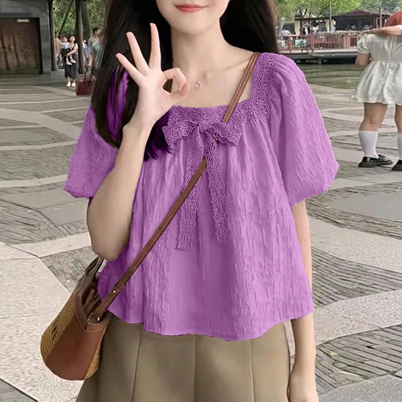 ZANZEA Women Lace Splice Square Collar Casual Short Sleeve Blouse