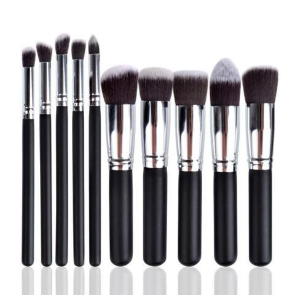 Premium Synthetic Kabuki Foundation Face Powder Blush Eyeshadow Brush Makeup Brush Kit with Blender Sponge and Brush Cleaner (10 Pcs, Black/Silver)