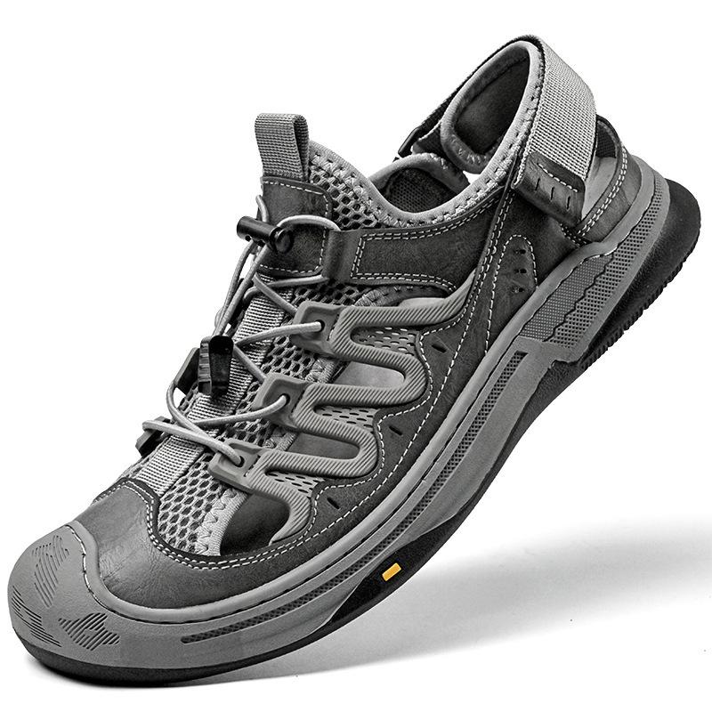 

Чоловічі босоніжки великого розміру 2024 літо нові відкриті пляжні туфлі шкіряні сітчасті туфлі сумка голова назад потік взуття приплив 44 сірий колір