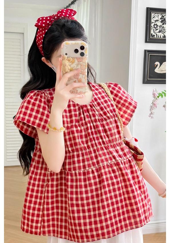 2026 Summer Retro Red Plaid Maternity Puff Sleeve Top & Skirt Set Medium