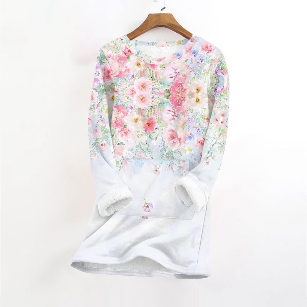 Women's Fashionable Printed Round Neck Long Sleeved Plush Warm Pullover Top