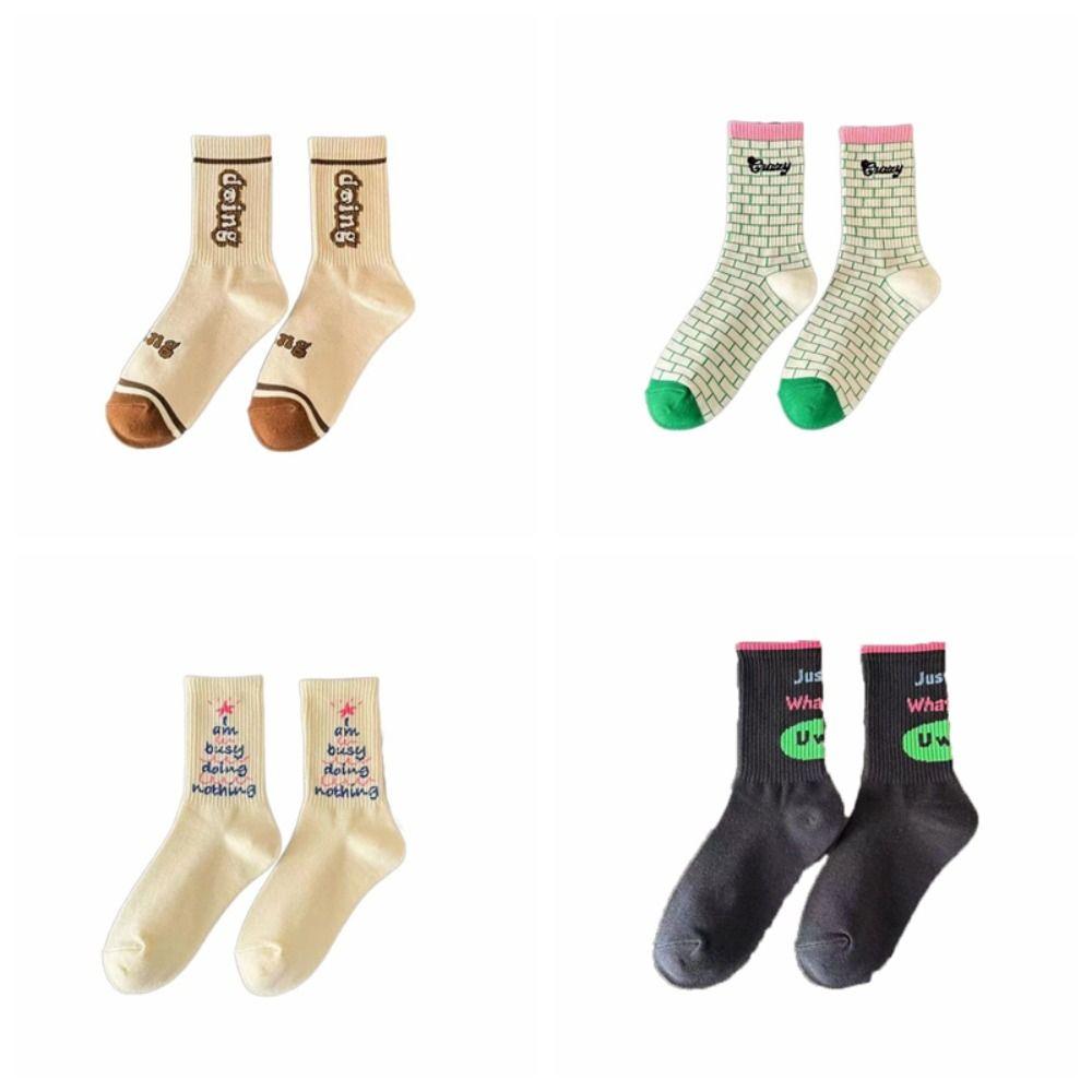 4Pairs Mid Tube Letter Printed Socks Kawaii Socks Women Casual Retro Lattice Socks  Girl