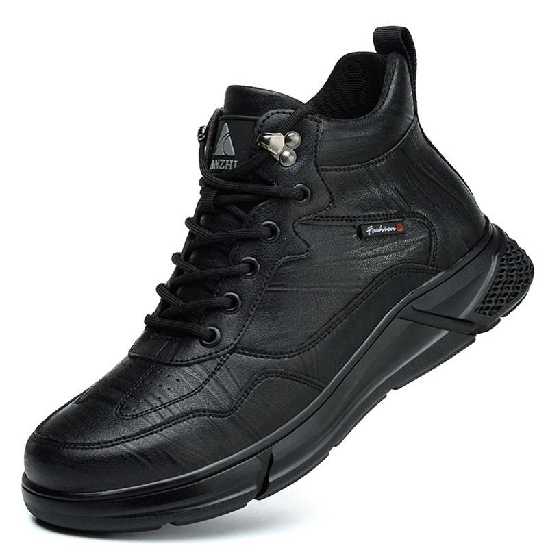 

black leather work shoes with steel toe caps waterproof safety shoes anti puncture anti smash high top work safety boots for men 37