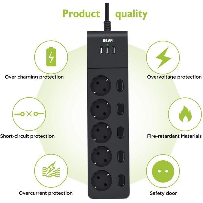 Multiprise USB - Bloc multiprise - 5 Prises - 3 Ports USB - Chargement intelligent - Blanc