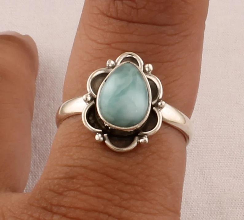 Natural Larimar Gemstone Ring, Birthstone Jewelry, Pear Ring, 925 Silver Ring, Handmade Designer Ring, Unique Gift, Wedding Ring