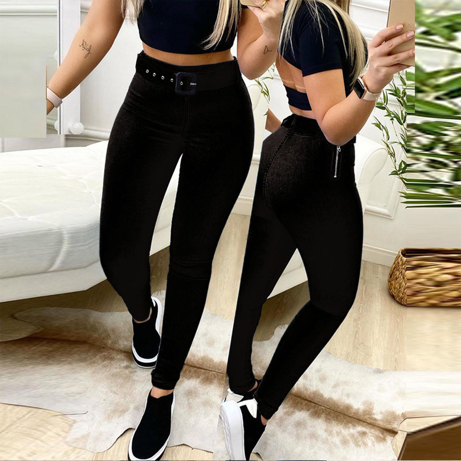 

Европейские женские эластичные брюки с высокой талией и поясом L чёрный