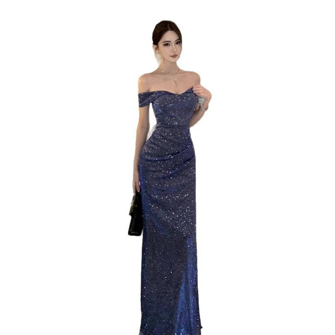 French Celebrity Temperament Evening Dress Sparkling New One-word Dress Noble High-end Dress Split-ended Long Dress