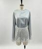 Fashion Solid Color Satin Pearl Mesh Two Piece Set Trendy Long Sleeve Lace Trim Top Fringe Mini Skirt Woman Party Bridal Outfit