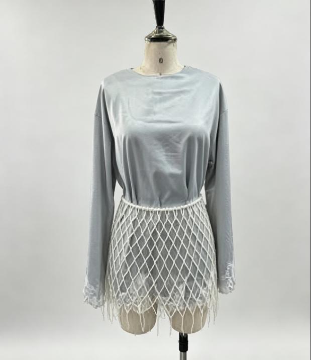 Fashion Solid Color Satin Pearl Mesh Two Piece Set Trendy Long Sleeve Lace Trim Top Fringe Mini Skirt Woman Party Bridal Outfit