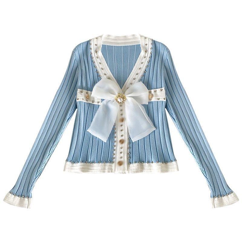 Spring Autumn Women Full Sleeve V-neck Luxury Diamond Beading Bowtie Knitted Sweater Single Breasted Cardigans Tops