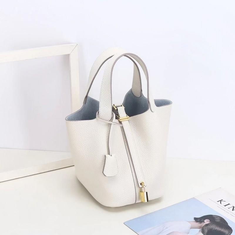 First-layer Lychee Pattern Leather Bucket Bag Brand Fashionable Gold Button Cowhide Vegetable Basket Women's