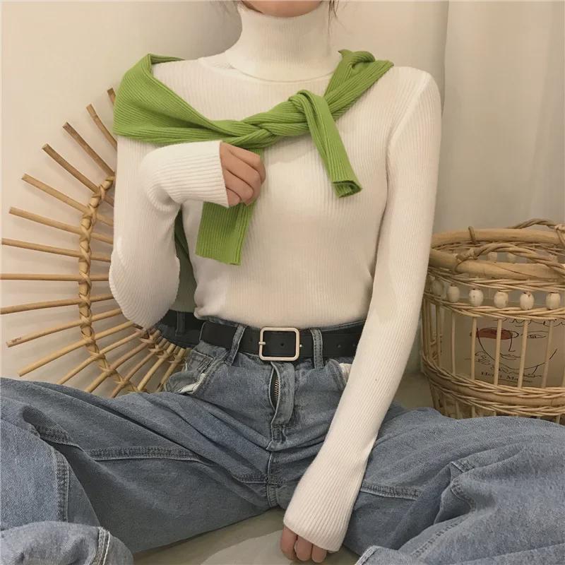 Women's Long-Sleeve Knitted Turtleneck Sweater - Slim Fit Solid Color Pullover for 2024 Autumn/Winter.