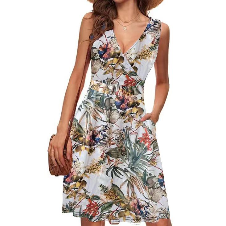 Women Elegant V-Neck Fashion Printed Pocket Sleeveless Dresses Summer Ladies Casual Short Dress Female Party Vestidos