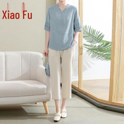 Mid-Aged Women's Embroidered Summer Short Sleeve Set