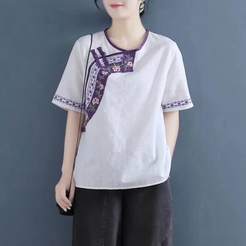 Summer Ethnic Style Embroidered Cotton Linen Shirt for Women Loose Round Neck Color Blocked Plate Buckle Retro Pure Cotton Short Sleeved T-shirt