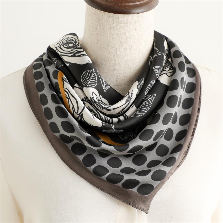 Polka dot camellia French style spring and summer women's sunscreen shawl temperament versatile scarf simulation silk 71cm professional scarf