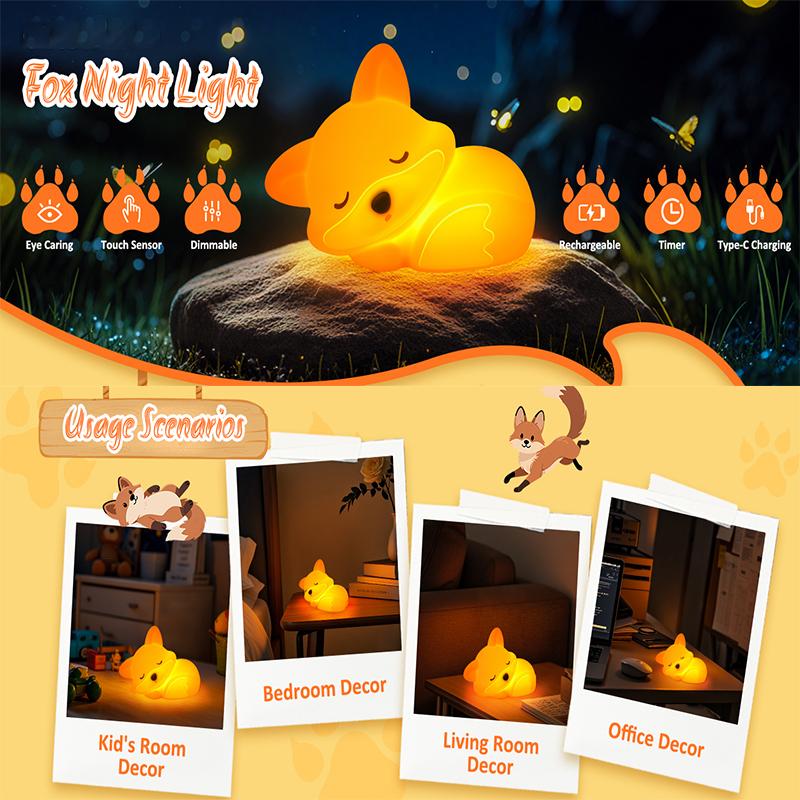 1Pc Fox Night Light, Squishy Silicone Lamp Novelty Gifts, Rechargeable Dimmable Timer Bedside Touch Nightlight for Breastfeeding