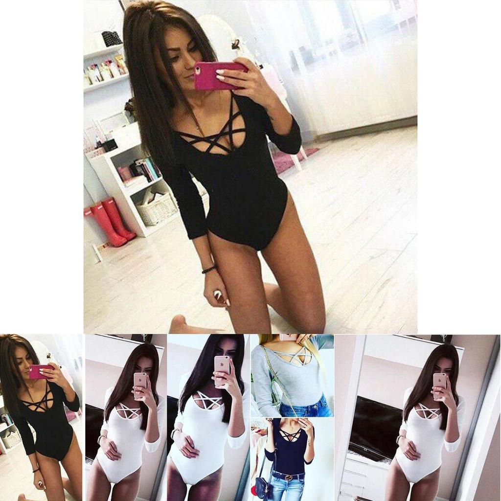 Elegant Womens V Neck Plunge Long Sleeve Plain Stretch Bodysuit Catsuit Leotard Top