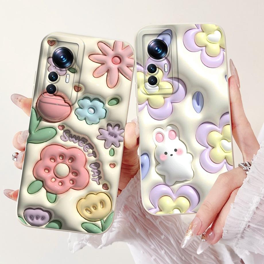 Für Xiaomi 12 12s 12x 12T Pro 12s Pro 12 Lite 12Ultra Handyhülle Flüssigsilikon Weiche Rückabdeckung Kaninchen Panda Blume Capa Tasche