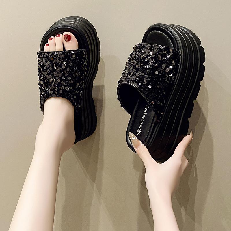 

Shiny Sequin Thick Bottom Cross Slippers Women s Fashionable Outdoor Summer New Heightening Small Size Platform Sandals 39 чёрный